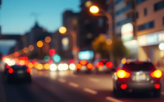 Cars navigate through a bustling city street during twilight hours, creating a beautiful blur of lights. Urban buildings line the road as activity continues into the evening.
