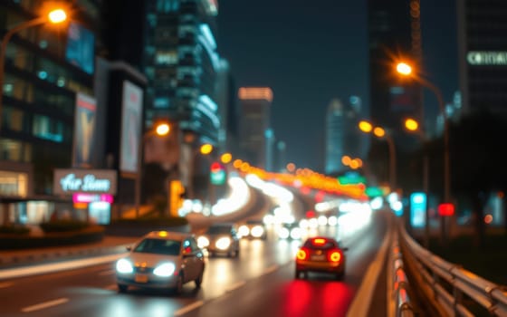Bright lights illuminate a bustling city road at night. Cars move swiftly along the highway, creating a vibrant atmosphere filled with urban energy.