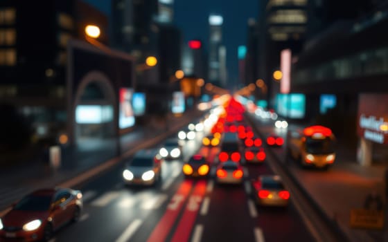 A bustling city street comes alive at night with swirling lights from cars and trucks. The urban landscape features tall buildings and bright billboards, creating a lively atmosphere.