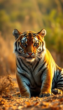 A beautiful tiger sits calmly in a sunlit forest, surrounded by soft grass and gentle foliage, showcasing its striking orange and black stripes during the golden hour.