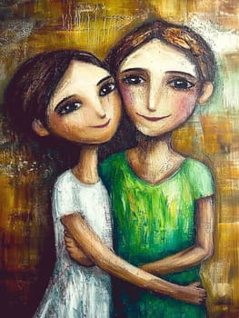 Two young girls hugging tightly, showing deep love and friendship. Radiating happiness, innocence, and sisterly bond. Smiling, embodying love and support. Perfect for happy family moments