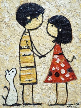 Whimsical and colorful painting of a couple holding hands with a cute cat looking up, capturing love and togetherness with bright colors and playful brushstrokes