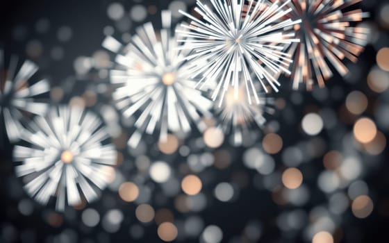 Colorful bursts of fireworks light up the night sky against a backdrop of blurred lights, creating a festive and celebratory ambiance. Excited crowds gather to enjoy the display.