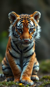 A young tiger with striking orange and black stripes sits in its natural habitat, showcasing its powerful presence and curious demeanor in bright daylight.