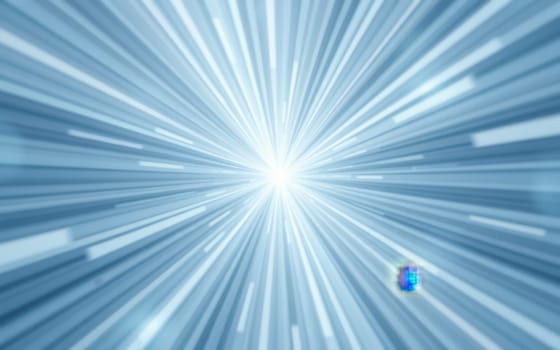 Bright rays extend outward from a central point, creating a vibrant and energetic atmosphere. The cool blue tones enhance the dynamic quality of the design.