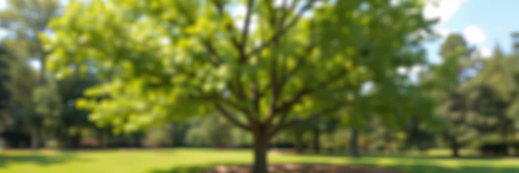 A sprawling tree fills the center of a peaceful park, its lush leaves shining under sunlight. The soft grass and trees in the background create a tranquil atmosphere perfect for relaxation.