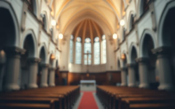 The interior of a historic church features rows of wooden pews facing an altar, with intricate arches and soft natural light streaming through large windows.