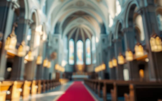 Sunlight pours through towering stained glass windows, illuminating the spacious sanctuary. A striking red carpet leads to the altar, enhancing the serene atmosphere of the church.