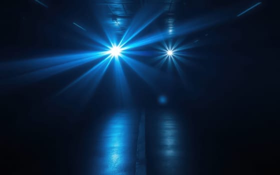 Two intense blue lights shine in a dimly lit environment, creating an energetic atmosphere during a performance or gathering. The beams cast reflections on the floor.