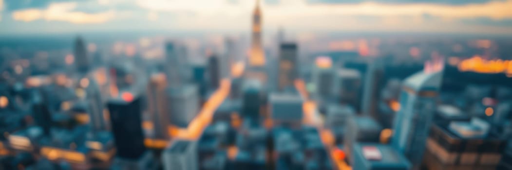 A vibrant city skyline unfolds at twilight, with lights twinkling from buildings. The horizon glows as the sun sets, creating a beautiful backdrop for urban life.