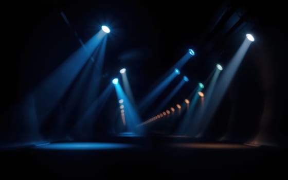 A series of bright light beams cut through the darkness of a corridor, creating a striking contrast. The interplay of blue and orange hues adds intrigue to the nighttime ambiance.