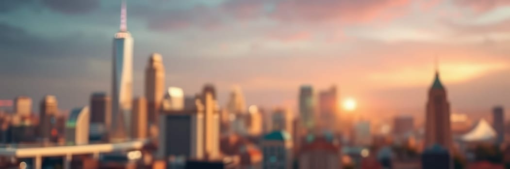 A beautiful skyline at sunset reveals towering skyscrapers outlined against a glowing sky, creating a vibrant and serene atmosphere in the city.