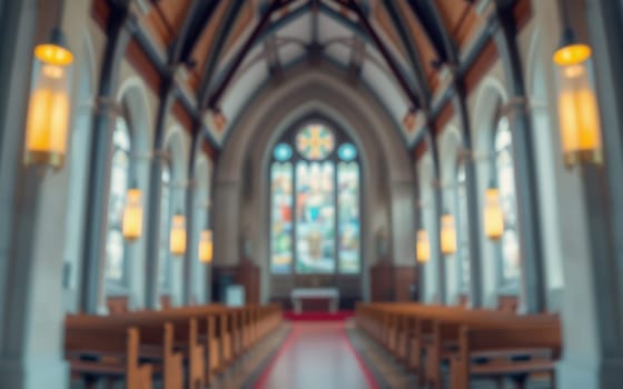 Inside a spacious church filled with natural light, wooden pews line the aisles beside vibrant stained glass windows. The intricate architecture adds to the serene atmosphere, inviting reflection.