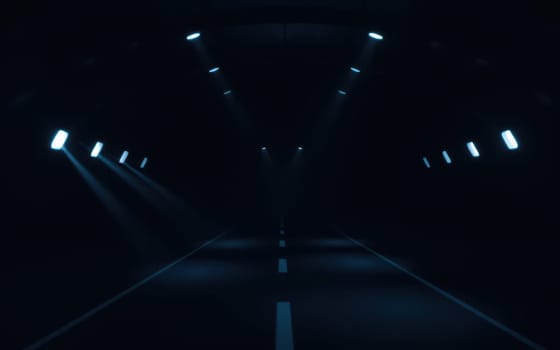 A dark tunnel features beams of light cutting through the shadows, highlighting a solitary road. The atmosphere evokes mystery and anticipation as one travels through.