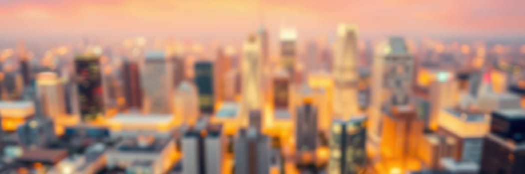 View of a city skyline during sunset, with buildings glowing in warm light. The sky transitions from orange to purple, hinting at a lively evening ahead.
