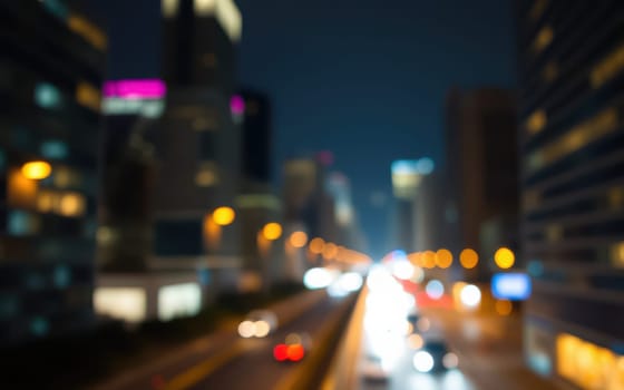Bright lights illuminate the bustling city streets at night, with cars moving along the road and skyscrapers standing tall in the background, showcasing urban energy.