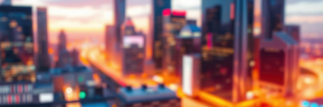 In an urban landscape at dusk, tall buildings emerge in softly blurred shapes as city lights spread a warm glow across the streets, creating a vibrant atmosphere of evening city life.