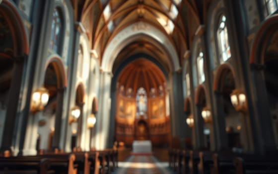 The beautiful interior of a historic church showcases wooden arches and stained glass windows, illuminated by sunlight. Rows of pews lead to the altar, creating a serene atmosphere.