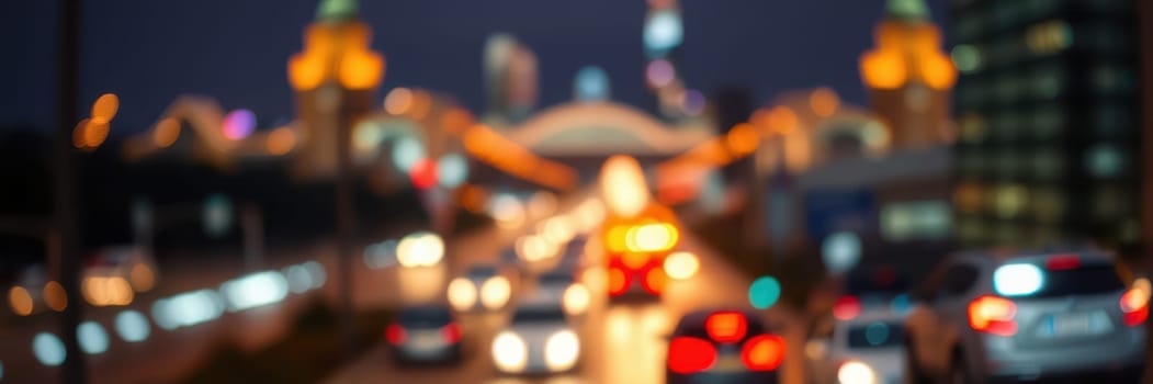 A bustling city street comes alive at night with blurred car lights and moving vehicles. Buildings illuminated by colorful lights create a lively atmosphere.