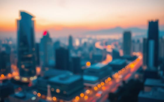 The skyline features towering modern buildings with glowing lights as dusk settles over the city. A beautiful gradient of colors fills the horizon, creating a serene atmosphere.