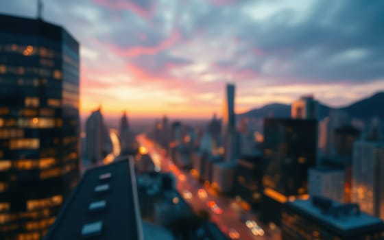 A vibrant sunset cast colors across a city skyline, with blurred lights twinkling in the streets below, as clouds slowly drift in the twilight sky.