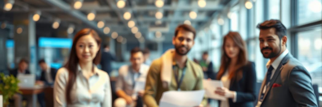 Groups of professionals interact and share ideas in a lively business setting filled with natural light. Attendees hold documents and engage in networking activities.