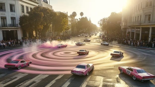 Powerful sports cars race through city streets at sunset, leaving a trail of smoke, thrilling spectators with high speed action