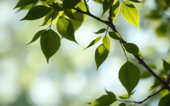 Bright green leaves catch the soft sunlight in a serene forest backdrop, creating a peaceful atmosphere. This natural setting evokes a sense of calm enjoyment in nature.