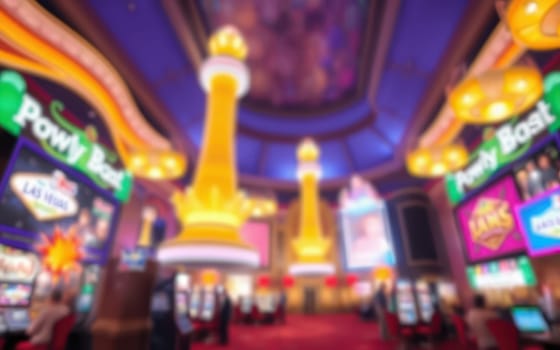 Inside a Las Vegas casino, vibrant lights and colorful decorations create an exciting atmosphere. Slot machines line the floor, inviting guests to try their luck.