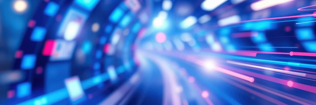 Bright light trails swirl through a colorful digital tunnel, creating an impression of rapid movement and depth. The vivid colors reflect a futuristic atmosphere.