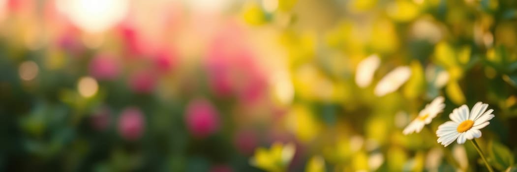A single bright white daisy stands out amidst a colorful garden filled with lush greenery and vibrant flowers during the soft light of golden hour, capturing the essence of nature.