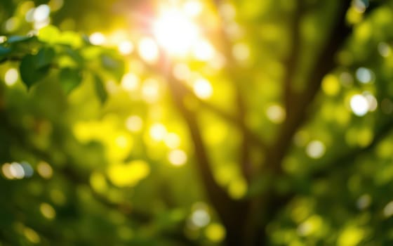 Sunlight shines through vibrant green foliage in a peaceful forest, creating a warm, tranquil environment filled with natural beauty. The lushness invites relaxation and exploration.
