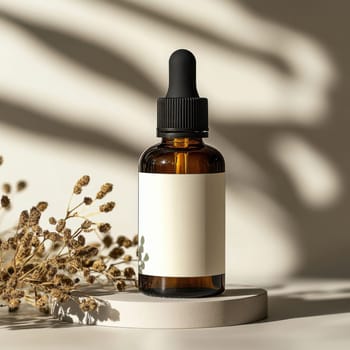 Showcasing a minimalist essential oil dropper in a serene natural backdrop highlighting wellness and tranquility.