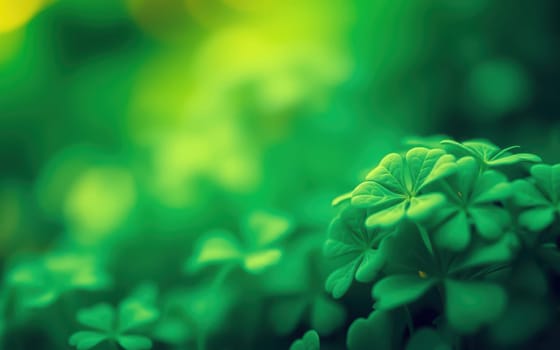 Close-up view of vibrant green clover leaves illuminated by gentle sunlight, creating a peaceful and refreshing ambiance in a garden setting during springtime.