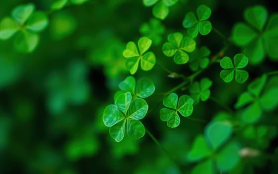 Vibrant clover leaves blanket the forest floor, showcasing a spectrum of green hues under soft sunlight. This natural setting evokes a sense of tranquility and renewal.