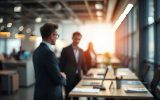 Two business professionals converse near a table filled with documents and laptops as warm sunlight streams through large windows, creating a productive atmosphere.