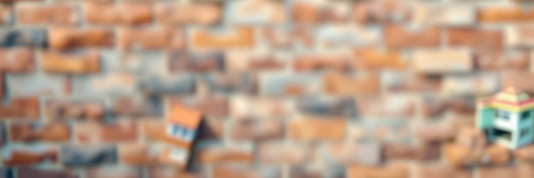 Colorful wooden houses are arranged against a warm brick wall, creating a charming atmosphere in a cozy room. The display showcases craftsmanship and creativity.