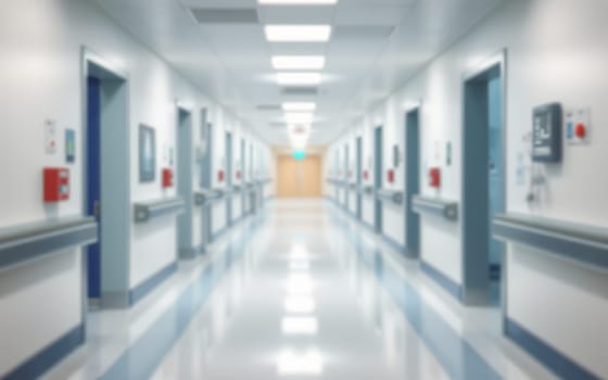 A long, clean hospital corridor features bright overhead lights and emergency alarms. Doors line the sides, creating an atmosphere of health care and urgency.