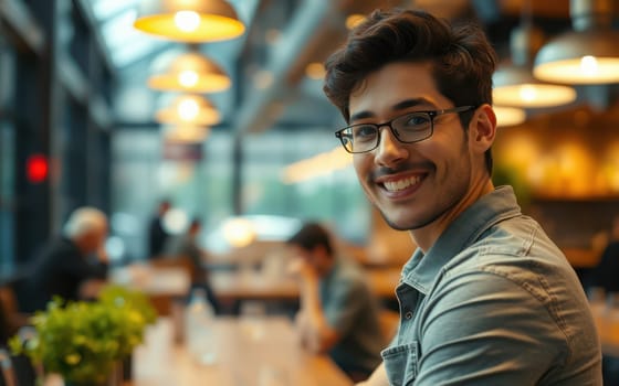 A young man sits at a cafe, smiling warmly as he enjoys the bustling environment. Natural light fills the space, creating a relaxed yet vibrant mood suitable for socializing.