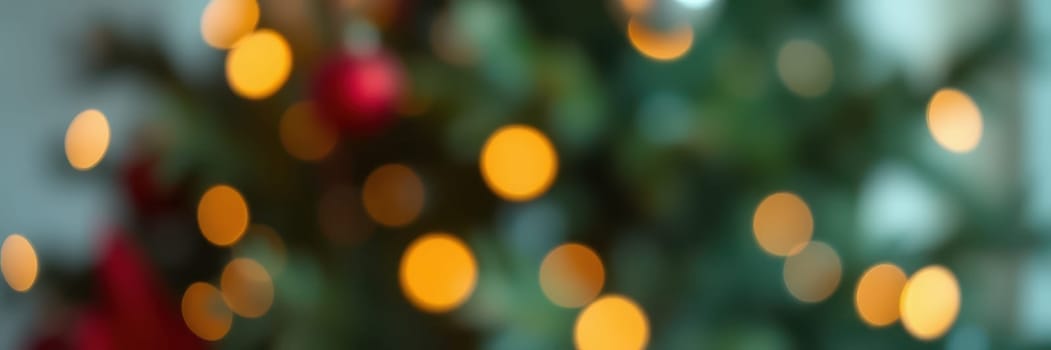 Twinkling lights create a warm and inviting atmosphere around a beautifully decorated Christmas tree with ornaments. The setting captures the joy of the holiday season.