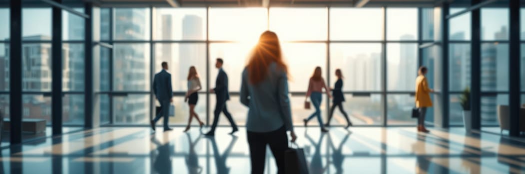 Silhouettes of professionals in business attire navigate the spacious lobby of a contemporary office building as the sun sets, casting a warm glow through large windows.