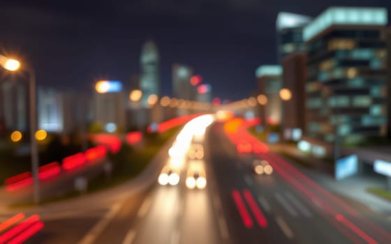 Cars move swiftly along a bustling city road as vibrant lights from buildings create an energetic urban atmosphere during nighttime. The scene captures the essence of city life.