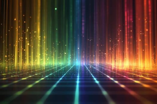 This vibrant abstract background features colorful light beams and sparkling particles, creating a digital space filled with energy and creativity.