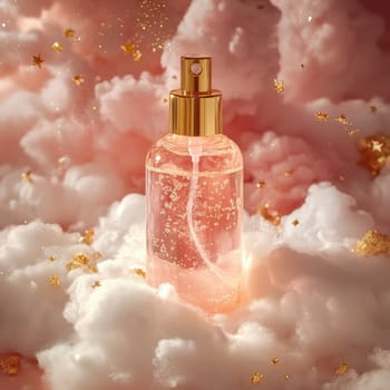 A stunning fragrance bottle emerges from a dreamy cloud-like environment evoking a sense of luxury and tranquility.