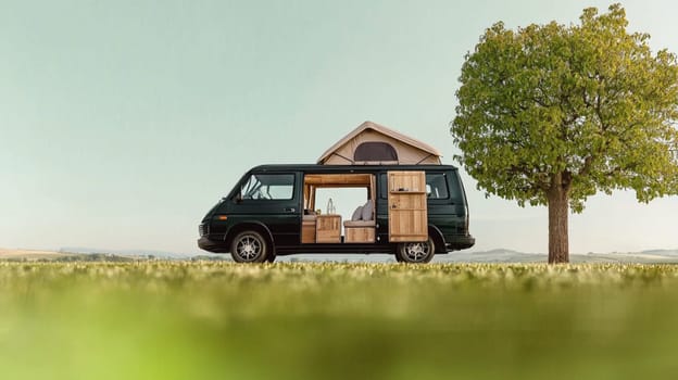 Camper van is parked in a field, its doors open to a beautiful day. The van is a symbol of freedom and adventure, and it's the perfect way to explore the great outdoors