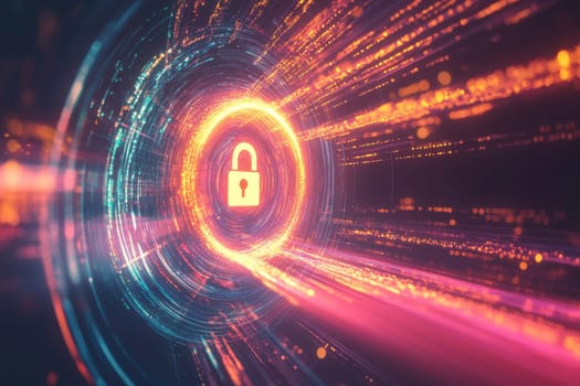 A vibrant digital tunnel with a glowing lock symbol symbolizes the importance of cybersecurity and data protection in the modern digital landscape.