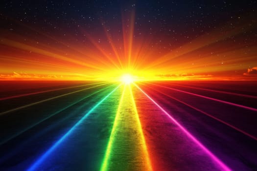 A stunning sunset scene featuring vibrant rainbow colors radiating from the horizon, complemented by bright sunbeams under a starry sky, creating a serene atmosphere.