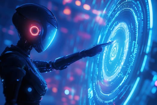 A sleek, humanoid robot engages with a vibrant holographic interface, showcasing advanced technology and innovation in a cyberpunk realm.