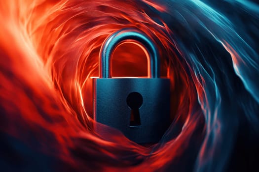 An abstract representation of a lock amid swirling red and blue energy, symbolizing security and technology, creating a captivating visual for digital safety concepts.