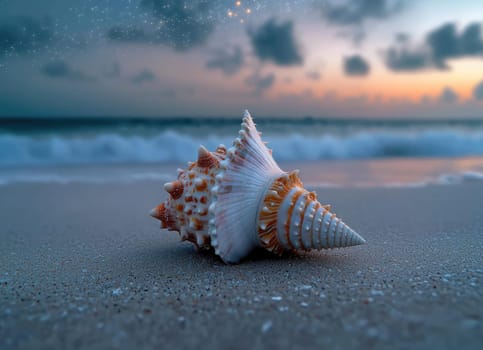 Conch Shell: delicate seashell, beach setting, tranquil ambiance, coastal beauty, sandy shore, peaceful sound, natural ornament, oceanic charm, serene atmosphere, captivating ocean view,